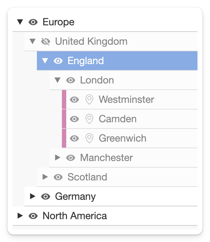 A MapHub sidebar where the 'United Kingdom' group is selected and its eye icon is struck through, collapsing its child items from view. This demonstrates the feature of hiding all nested items by toggling the parent group's visibility.