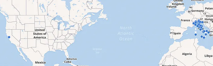 A world map showing a single point in San Francisco, USA and many points clustered around Italy, illustrating a wide default map view before setting a start view.