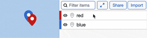 An animated GIF demonstrating the visual reordering feature in MapHub, where dragging items in the side panel changes their stacking order on the map.