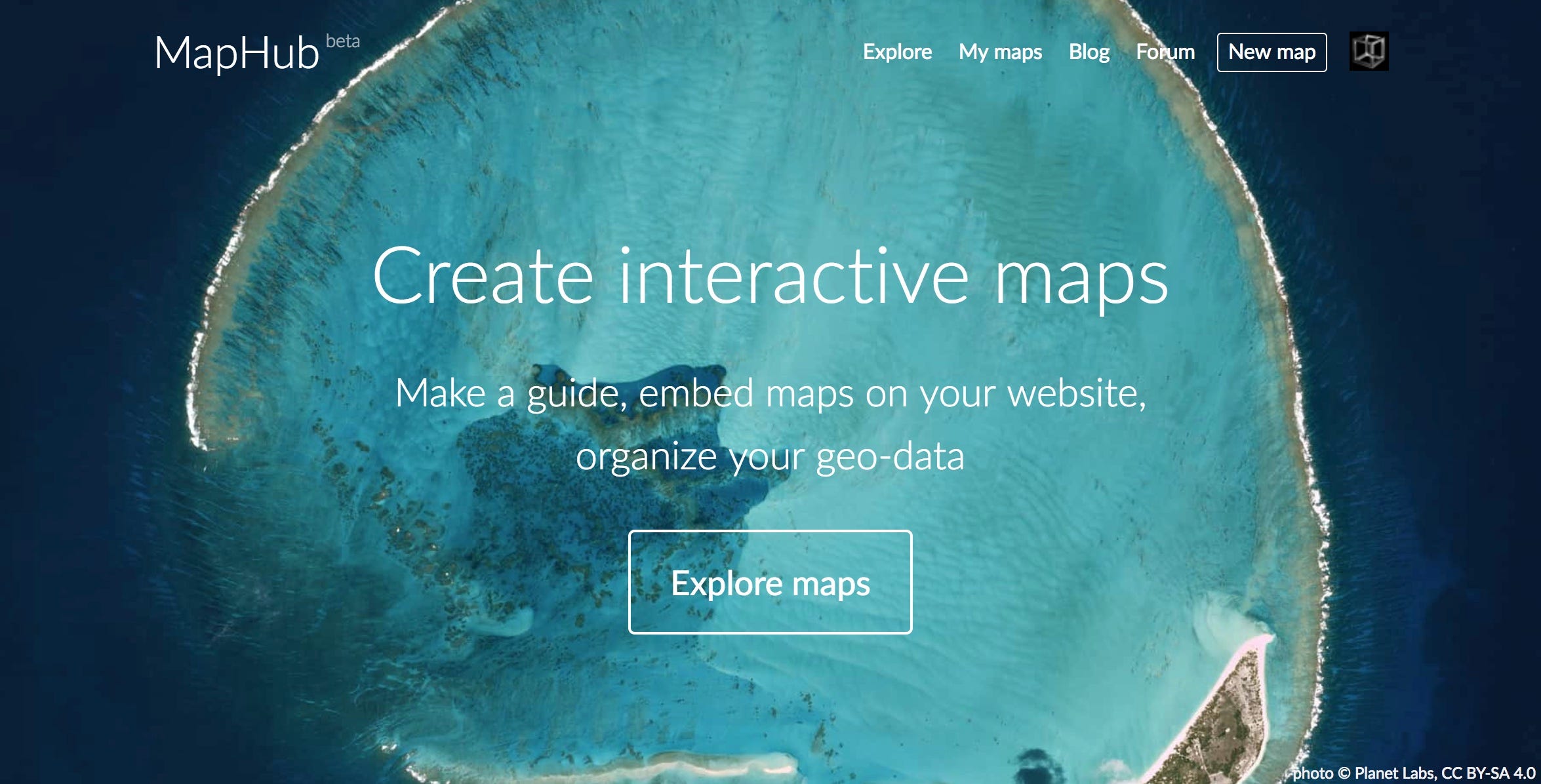 A screenshot of the MapHub homepage, featuring the tagline 'Create interactive maps' over a vibrant satellite image of a tropical atoll, representing the updated mapping tool. by a completely rewritten platform for creating interactive maps.'