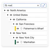 A MapHub sidebar showing a search for 'man' that filters and highlights items, 'Fisherman's Wharf' and 'Manhattan', within a nested group-in-group hierarchy. across the entire deep group hierarchy on your map.