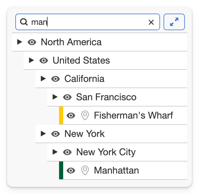 A MapHub sidebar showing a search for 'man' that filters and highlights items, 'Fisherman's Wharf' and 'Manhattan', within a nested group-in-group hierarchy. across the entire deep group hierarchy on your map.