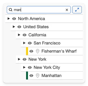 A MapHub sidebar showing a search for 'man' that filters and highlights items, 'Fisherman's Wharf' and 'Manhattan', within a nested group-in-group hierarchy. across the entire deep group hierarchy on your map.