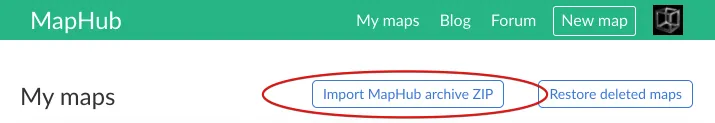 Screenshot of the MapHub &#x27;My maps&#x27; page, showing the &#x27;Import MapHub archive ZIP&#x27; button prominently circled in red. This illustrates where to click to import an archive ZIP file.