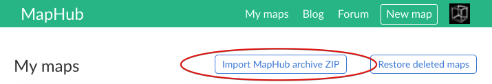 Screenshot of the MapHub 'My maps' page, showing the 'Import MapHub archive ZIP' button prominently circled in red. This illustrates where to click to import an archive ZIP file.