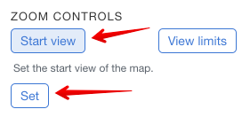 A screenshot of MapHub's 'Zoom Controls' menu, with red arrows pointing to the 'Start view' button and 'Set' button, indicating the procedure for setting a map's initial view.