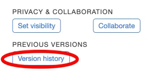 A screenshot of the MapHub interface showing the &#x27;Version history&#x27; button, circled in red, located under &#x27;Previous Versions.&#x27;