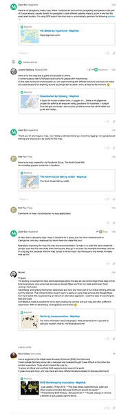 A long screenshot of the MapHub forum thread titled ‘Share your map on the forum,’ displaying various users’ posts with links and preview thumbnails of the maps they have created and shared.
