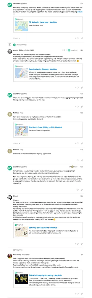 A long screenshot of the MapHub forum thread titled ‘Share your map on the forum,’ displaying various users’ posts with links and preview thumbnails of the maps they have created and shared.