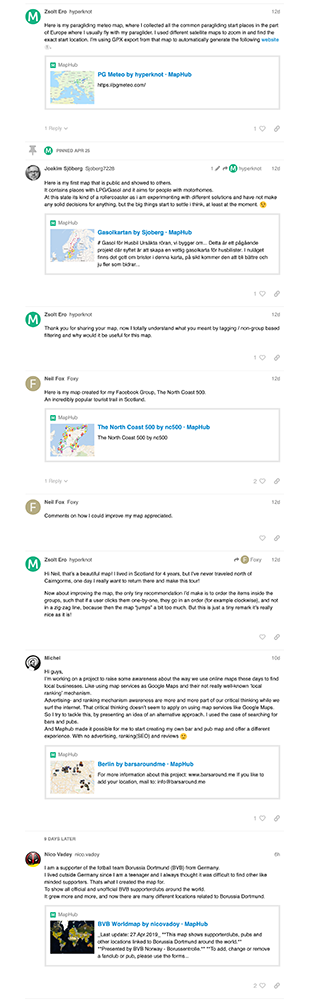 A long screenshot of the MapHub forum thread titled 'Share your map on the forum,' displaying various users' posts with links and preview thumbnails of the maps they have created and shared.