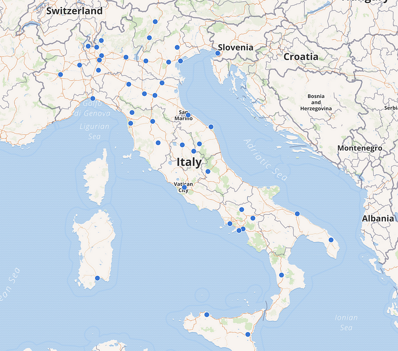 A map zoomed in on Italy and surrounding regions, showing points concentrated only within Italy, demonstrating the effect of setting a specific start view.