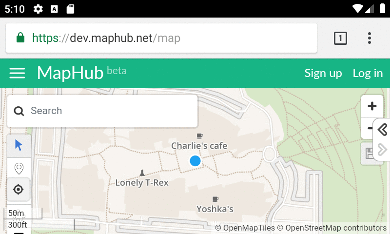 Animated GIF demonstrating the MapHub interface on a small Android phone in landscape mode, showing the transition from the previous UI to the dynamically reorganized and improved UI where the menu bar is hidden and all map controls are visible.