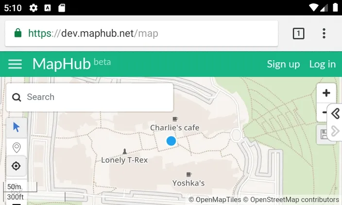 Animated GIF demonstrating the MapHub interface on a small Android phone in landscape mode, showing the transition from the previous UI to the dynamically reorganized and improved UI where the menu bar is hidden and all map controls are visible.