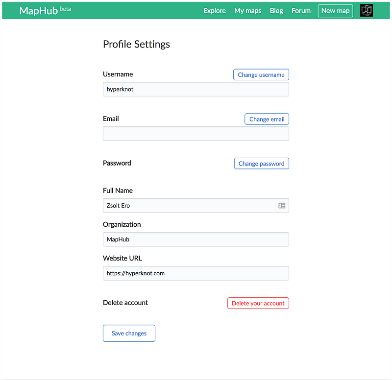 Screenshot of the MapHub "Profile Settings" page, featuring input fields for updating username, email, password, and personal details, along with an option to delete the account.