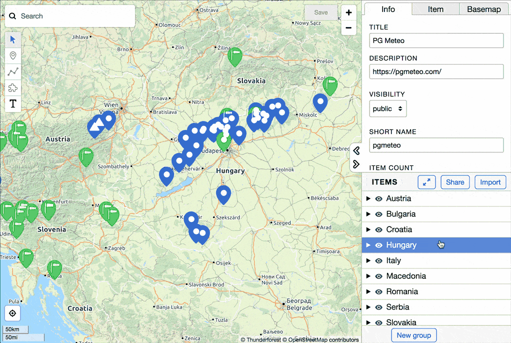 A GIF demonstrating batch operations on a group. The user selects the 'Hungary' group, changes its title, and then toggles its visibility from public to hidden, causing its map markers to disappear.