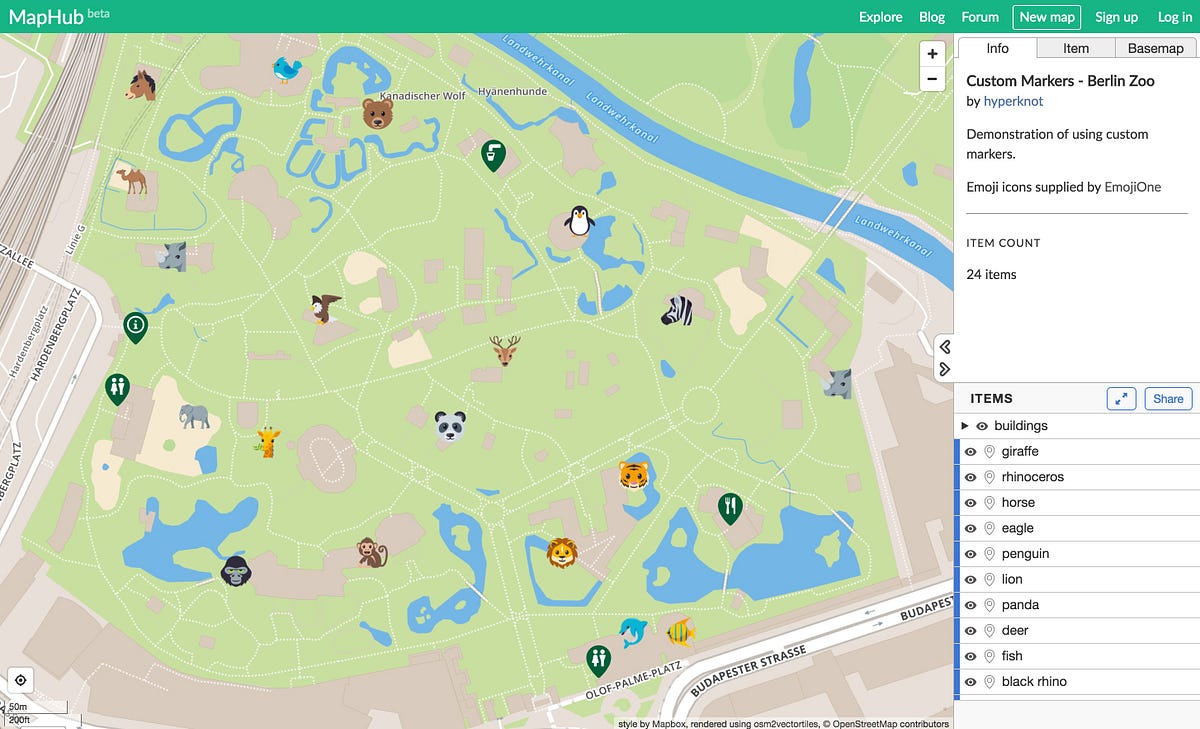 A MapHub map of the Berlin Zoo showing various animal emoji icons as custom markers, demonstrating how custom icons appear on the map.