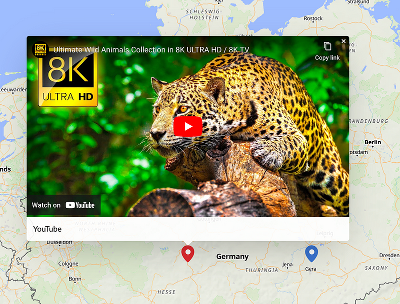 A screenshot of a MapHub map featuring an embedded interactive YouTube video in a popup. The video, with a thumbnail of a leopard, is pinned to a location in Germany, demonstrating the platform's media integration feature. turning any location into a rich media experience on MapHub.