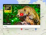 A screenshot of a MapHub map featuring an embedded interactive YouTube video in a popup. The video, with a thumbnail of a leopard, is pinned to a location in Germany, demonstrating the platform's media integration feature. turning any location into a rich media experience on MapHub.