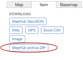 A screenshot of the MapHub download menu, with a red circle highlighting the 'MapHub archive ZIP' button to show users where to click to back up their map. of your map, including all data, images, and markers.