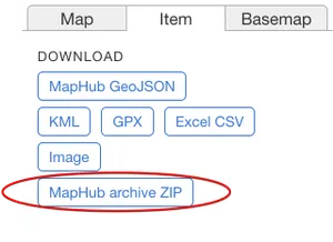 A screenshot of the MapHub download menu, with a red circle highlighting the 'MapHub archive ZIP' button to show users where to click to back up their map. of your map, including all data, images, and markers.