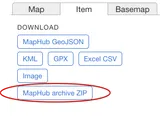 A screenshot of the MapHub download menu, with a red circle highlighting the 'MapHub archive ZIP' button to show users where to click to back up their map. of your map, including all data, images, and markers.