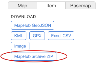A screenshot of the MapHub download menu, with a red circle highlighting the 'MapHub archive ZIP' button to show users where to click to back up their map. of your map, including all data, images, and markers.