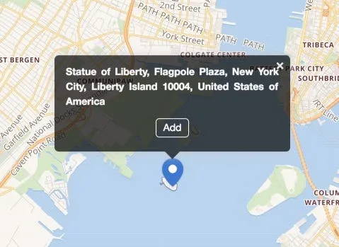 A MapHub screenshot showing a search result popup on a map for “Statue of Liberty,” complete with an “Add” button to save the location.