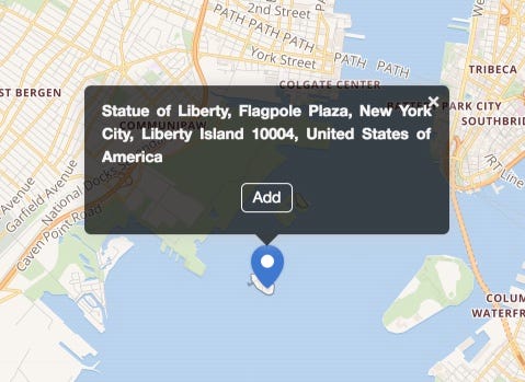 A MapHub screenshot showing a search result popup on a map for "Statue of Liberty," complete with an "Add" button to save the location.