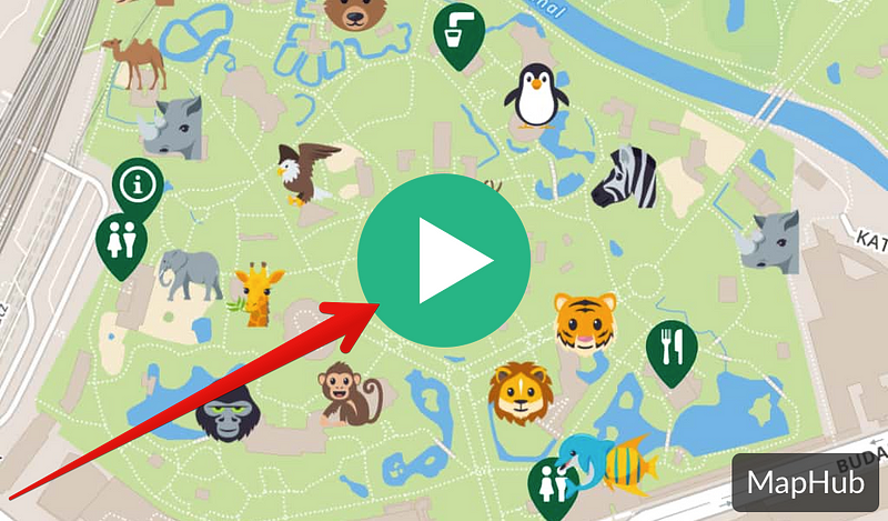 A static preview of an embedded MapHub map for a zoo, featuring a large red arrow pointing to the central green 'play' button to illustrate the extra click the new autoplay feature removes. instantly, skipping this initial 'play' screen.