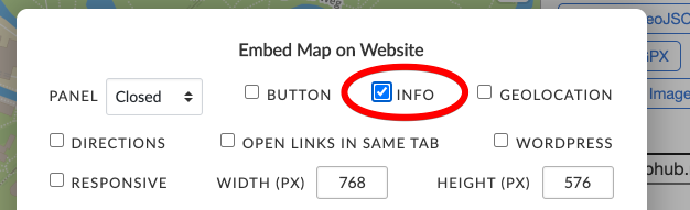A screenshot of MapHub's 'Embed Map on Website' wizard, with the 'INFO' checkbox highlighted within a red circle, showing where the Info widget can be toggled.