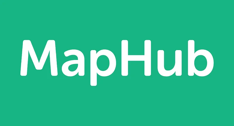 The official logo for MapHub, featuring the name in white, rounded lettering on a solid teal green background for the platform's beta launch. embed interactive maps.'