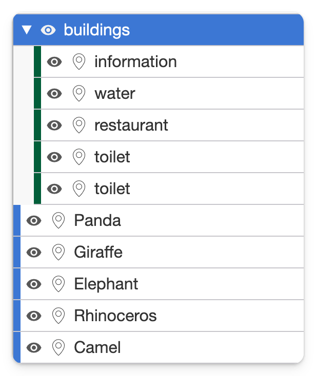 A MapHub sidebar displaying a single-level hierarchy with a 'buildings' group and separate animal items. This shows the previous limitation where groups could not contain other groups.