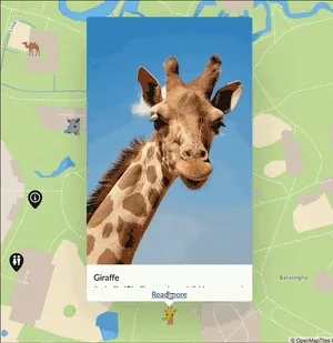 An animated GIF of the MapHub user interface where a cursor clicks the 'Read more' button on a map item, causing the long description to smoothly scroll up and reveal more text. your map items clean while making full stories accessible with a click.