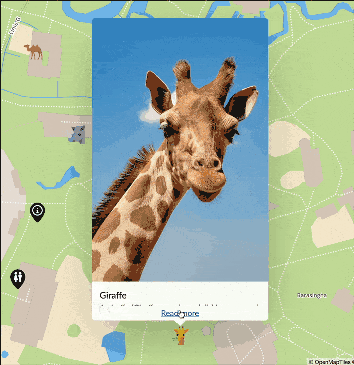 An animated GIF of the MapHub user interface where a cursor clicks the 'Read more' button on a map item, causing the long description to smoothly scroll up and reveal more text. your map items clean while making full stories accessible with a click.