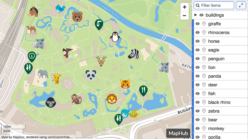 An embedded MapHub map featuring a zoo or park layout with animal icons, demonstrating the interactive item sidebar panel displaying a list of filtered items like giraffe, panda, and eagle.