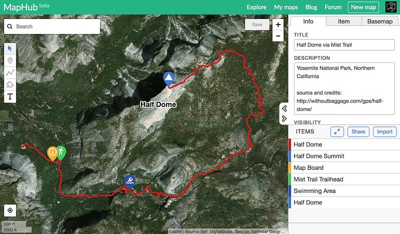 A screenshot of the MapHub interface, displaying a map of the "Half Dome via Mist Trail" with a detailed sidebar, showcasing the familiar appearance of the rewritten map viewer.