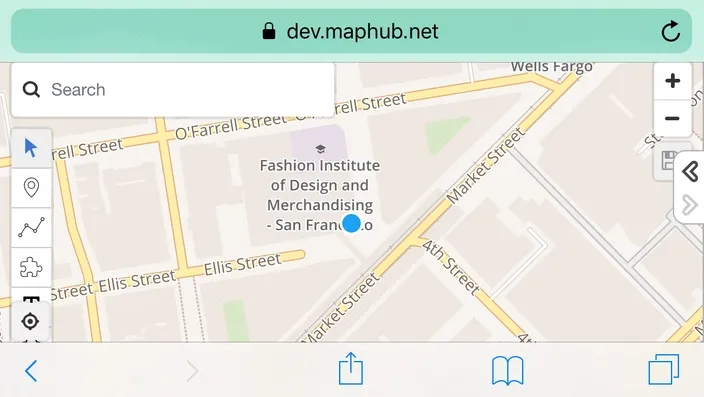 Animated GIF showing the MapHub interface on an iPhone SE in landscape mode, transitioning from the old UI with partially obscured elements to the new, improved UI where all buttons are visible and dynamically reorganized.