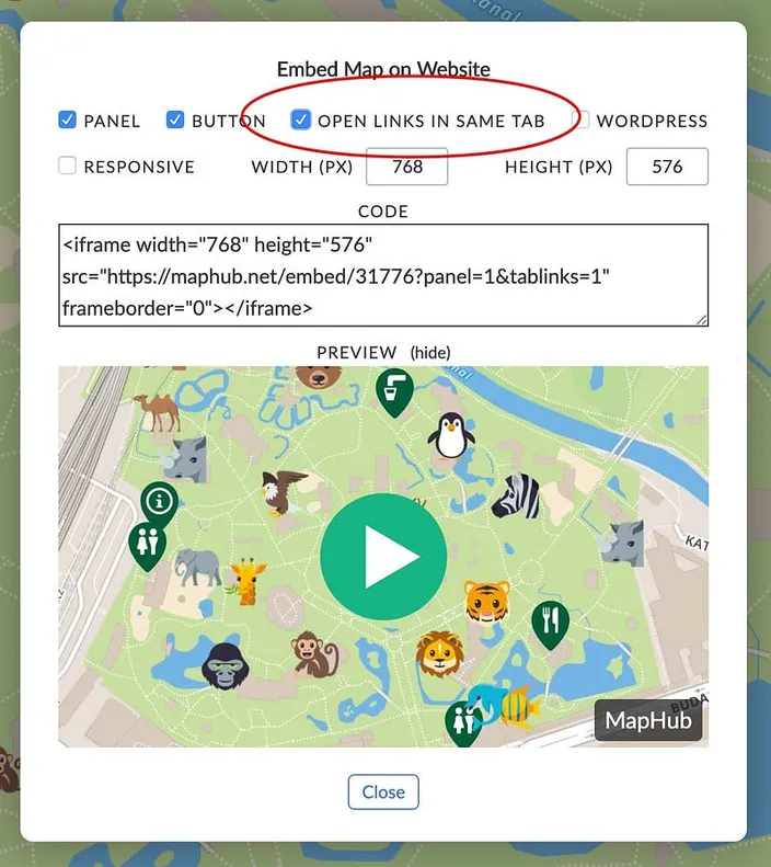 A screenshot of the MapHub ‘Embed Map on Website’ wizard, with the new ‘Open links in same tab’ checkbox circled, alongside other embedding options and a map preview.
