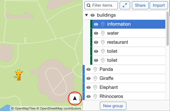A screenshot of a custom MapHub zoo map showing the new directions button, an arrow icon for route planning, displayed in the bottom-right corner. access to route planning from their location to a selected point.