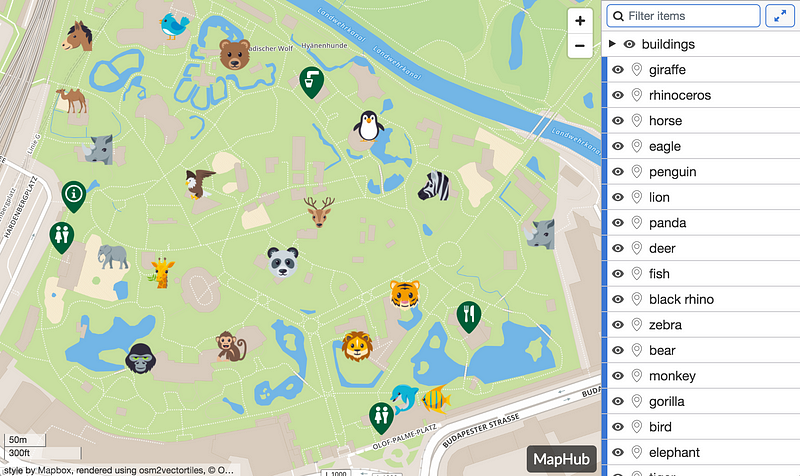 A MapHub embed showing a detailed map of a zoo with animal icons, alongside a collapsible side panel that lists items and allows real-time filtering.