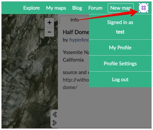 Screenshot of the MapHub interface showing the top-right user menu expanded, with an arrow pointing to the “Profile Settings” option.