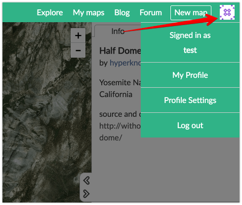 Screenshot of the MapHub interface showing the top-right user menu expanded, with an arrow pointing to the "Profile Settings" option.