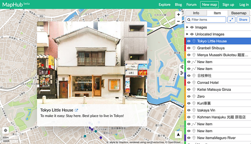 A MapHub screenshot displaying a full-size panel when viewing a map directly, showing details for 'Tokyo Little House' overlaid on a city map with the item list sidebar.