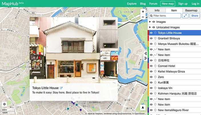 A MapHub screenshot displaying a full-size panel when viewing a map directly, showing details for ‘Tokyo Little House’ overlaid on a city map with the item list sidebar.