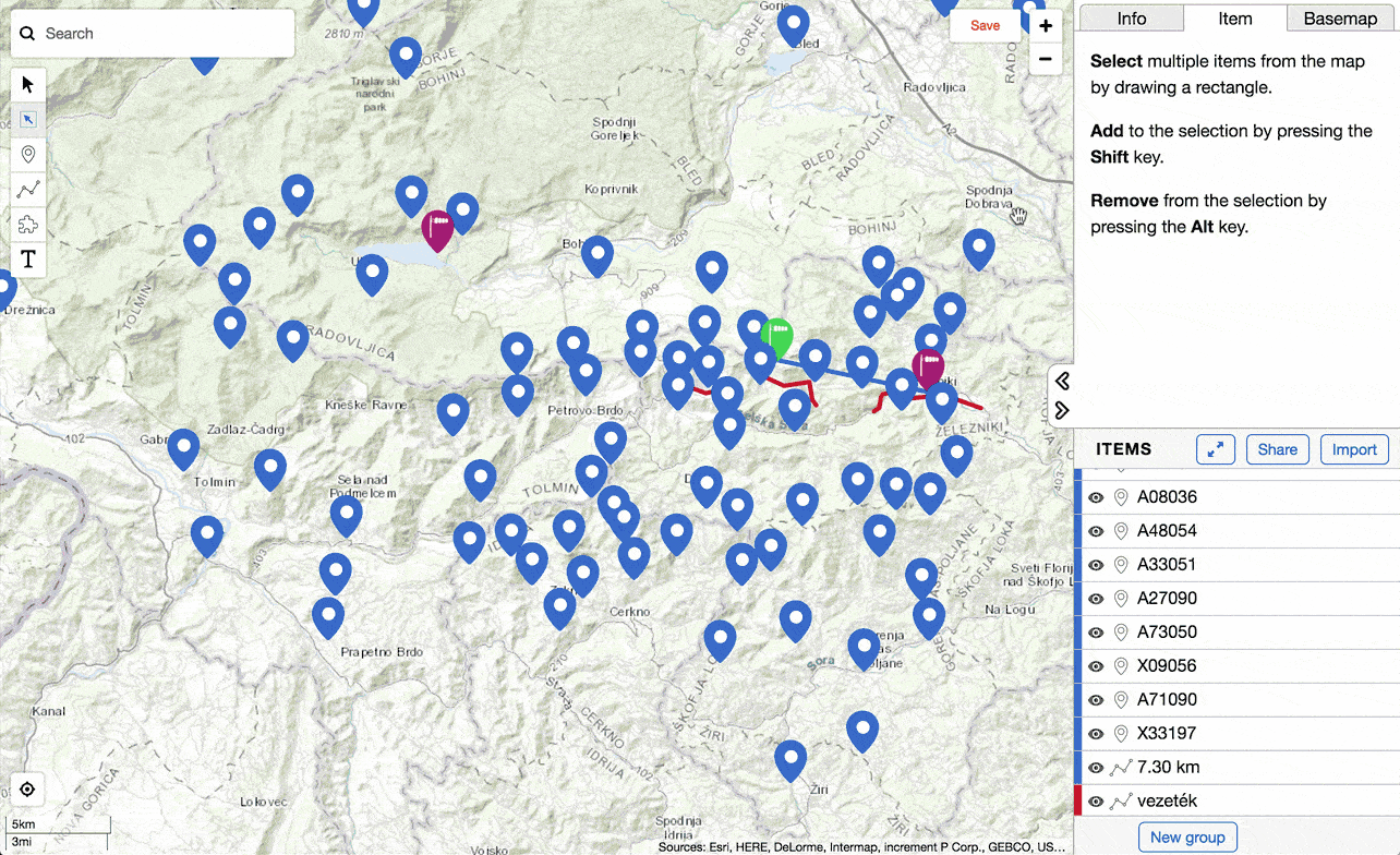 A GIF illustrating how to refine a map selection using the Shift and Alt keys. The user adds or removes individual items from an existing multi-selection on the map.