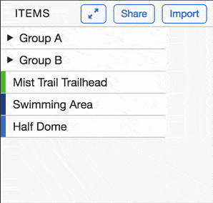 An animated GIF showing the MapHub interface with an 'ITEMS' sidebar, demonstrating the new drag-and-drop functionality for reordering map items and organizing them into folders or groups.