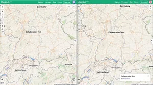 A split-screen showing real-time collaborative editing on MapHub, with two users' views of the same shared map of Europe displayed side-by-side. as multiple users edit a shared map at the same time.'