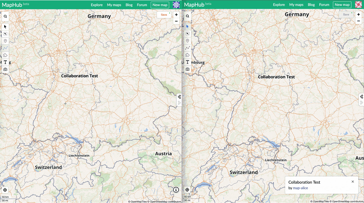 A split-screen showing real-time collaborative editing on MapHub, with two users' views of the same shared map of Europe displayed side-by-side. as multiple users edit a shared map at the same time.'