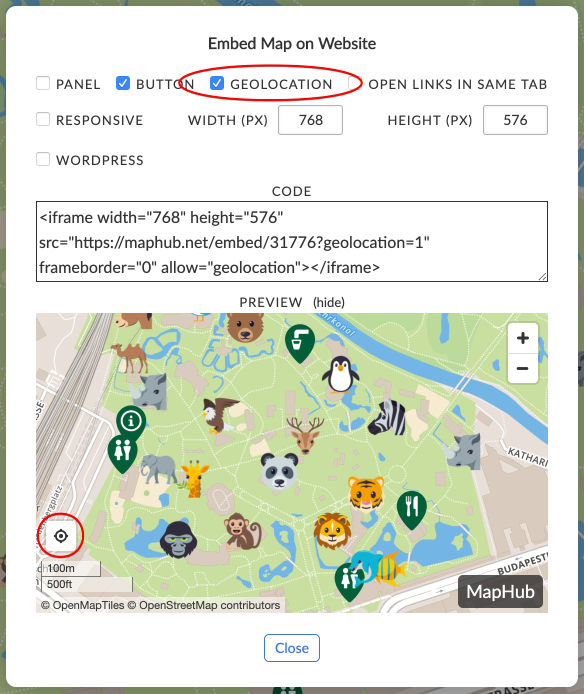 A screenshot of the 'Embed Map on Website' settings in MapHub, showing the 'Geolocation' option enabled. This adds a user location button to the map preview for embedded websites. directly on your embedded map, enhancing the interactive experience on your website.