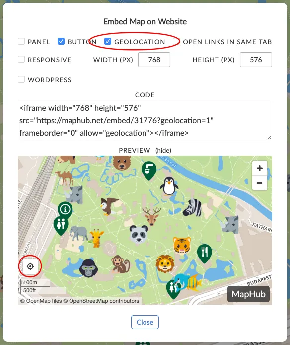 A screenshot of the 'Embed Map on Website' settings in MapHub, showing the 'Geolocation' option enabled. This adds a user location button to the map preview for embedded websites. directly on your embedded map, enhancing the interactive experience on your website.